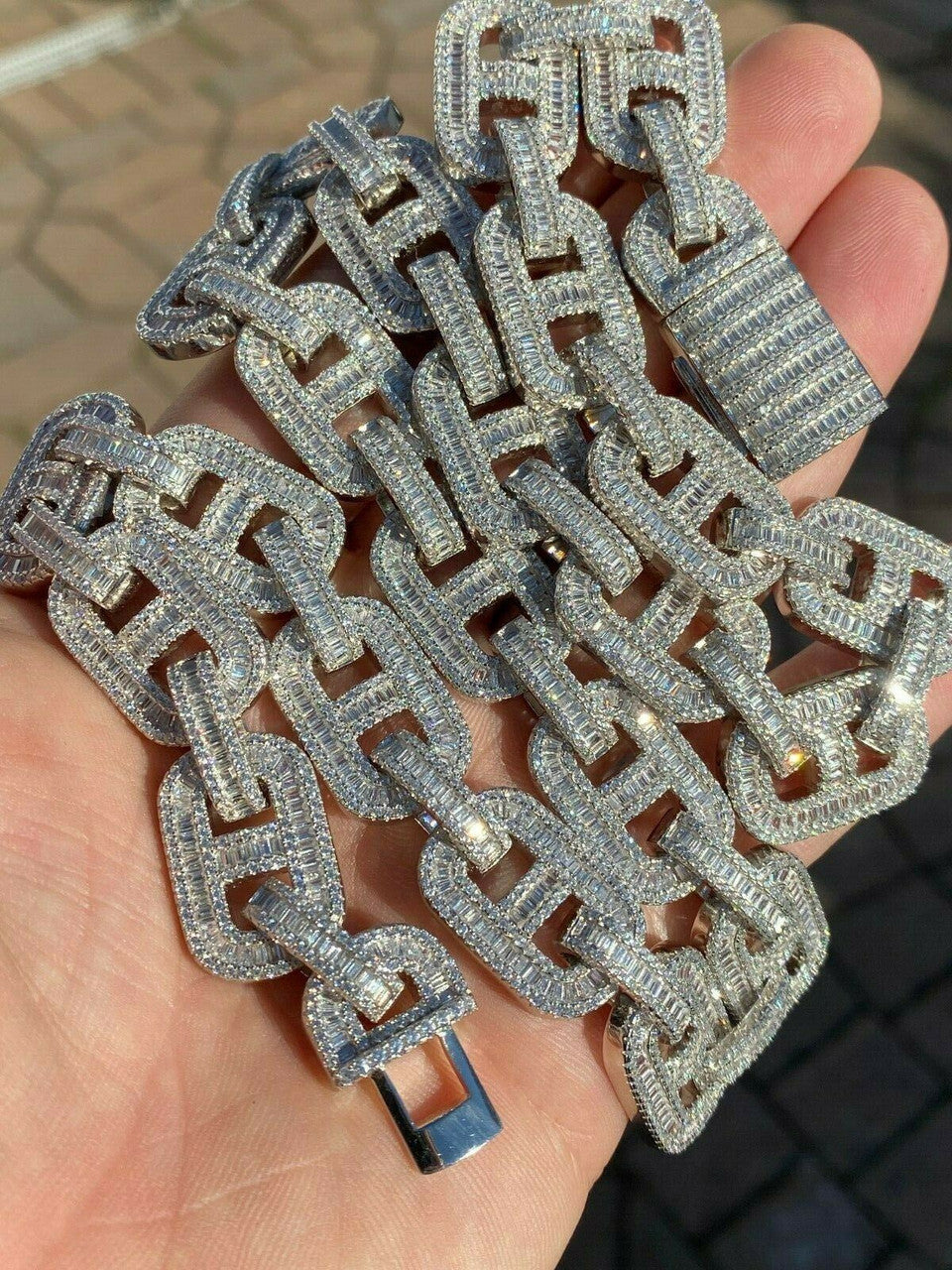 HarlemBling Solid 925 Sterling Silver Baguette Gucci Link Chain Iced 15mm Thick Flooded Out