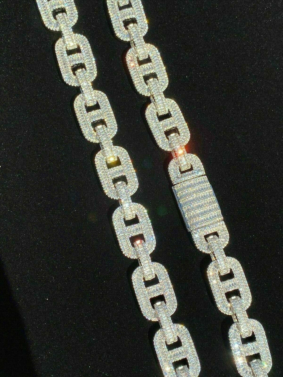 Solid 925 Sterling Silver Baguette Gucci Link Chain Iced 15mm