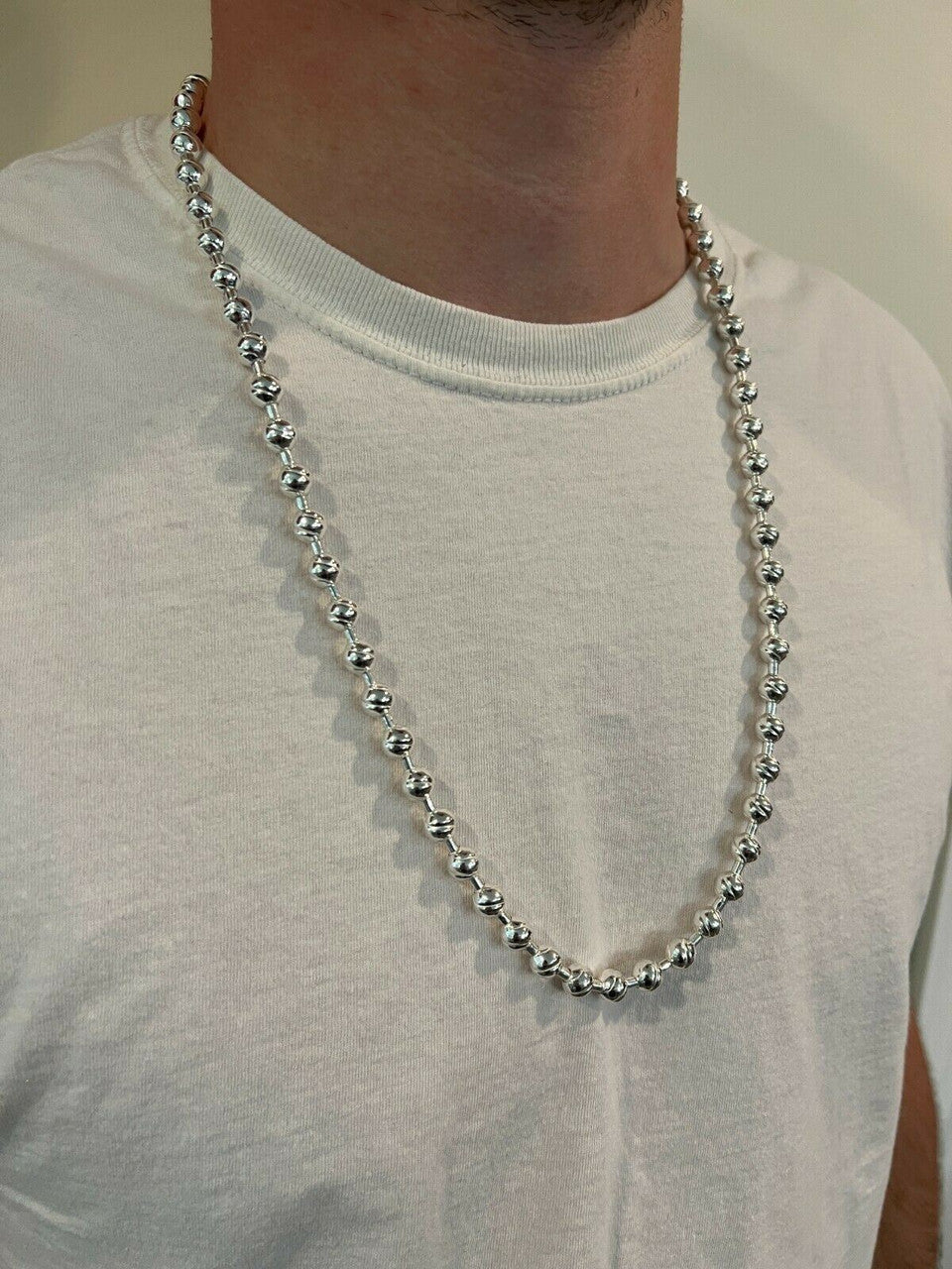 Solid 925 Sterling Silver Big 8mm Ball Bead Chain Moon Cut Dog Tag