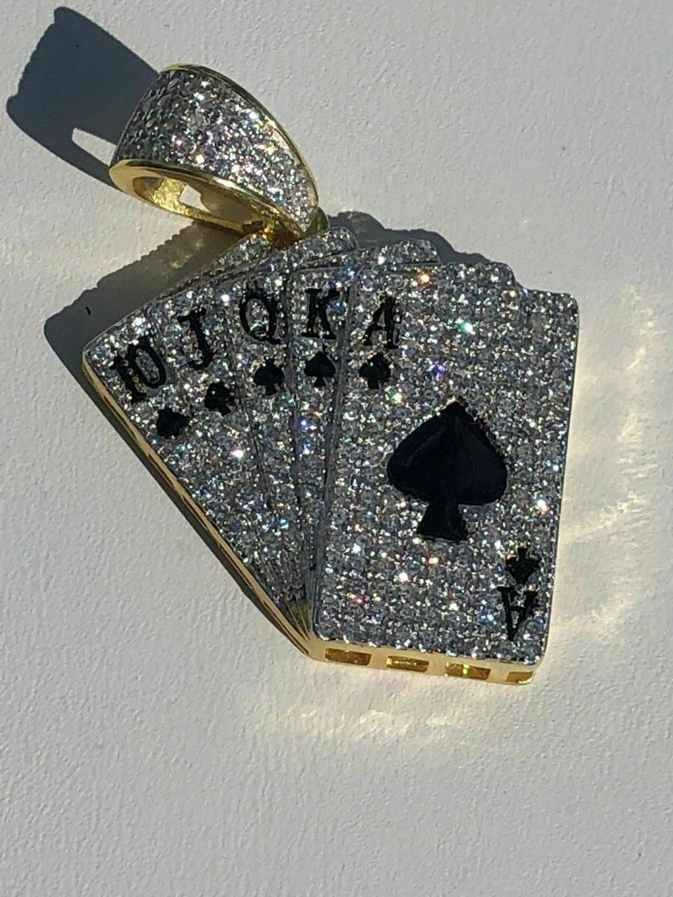 HarlemBling Solid 925 Sterling Silver Cards Deck Royal Flush Ace of Spades Diamond Pendant