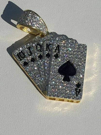 HarlemBling Solid 925 Sterling Silver Cards Deck Royal Flush Ace of Spades Diamond Pendant