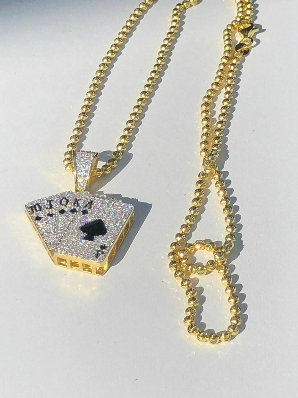HarlemBling Solid 925 Sterling Silver Cards Deck Royal Flush Ace of Spades Diamond Pendant