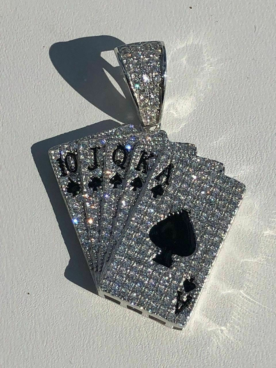 HarlemBling Solid 925 Sterling Silver Cards Deck Royal Flush Ace of Spades Diamond Pendant