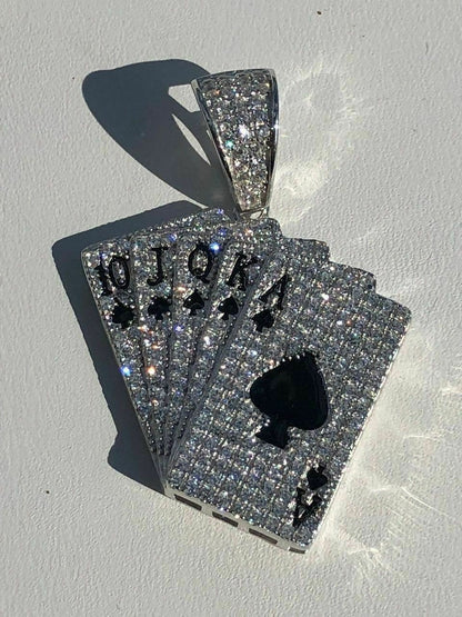 HarlemBling Solid 925 Sterling Silver Cards Deck Royal Flush Ace of Spades Diamond Pendant