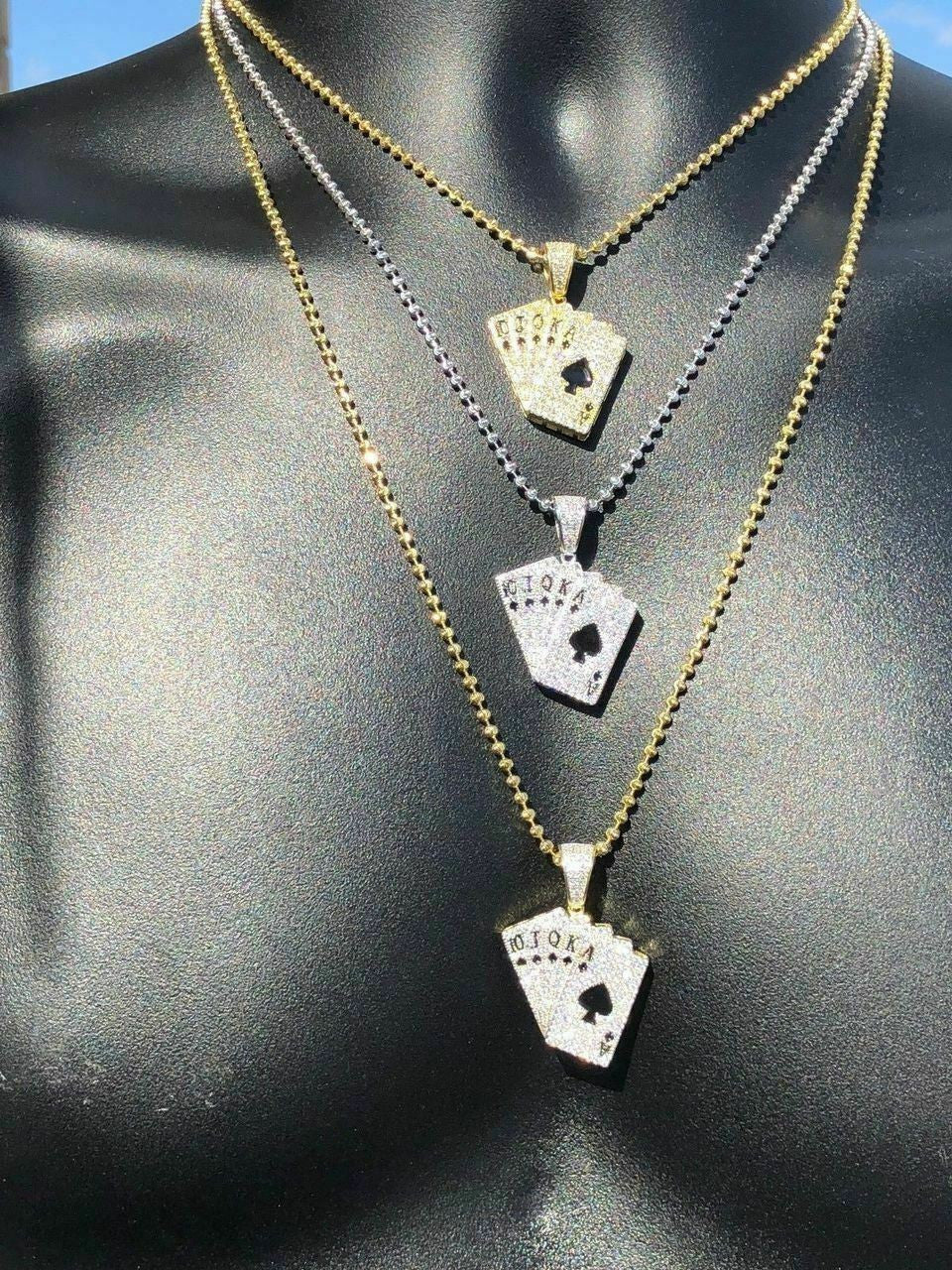 HarlemBling Solid 925 Sterling Silver Cards Deck Royal Flush Ace of Spades Diamond Pendant