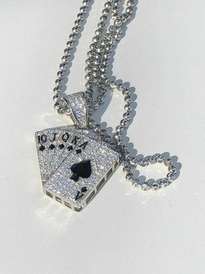 HarlemBling Solid 925 Sterling Silver Cards Deck Royal Flush Ace of Spades Diamond Pendant