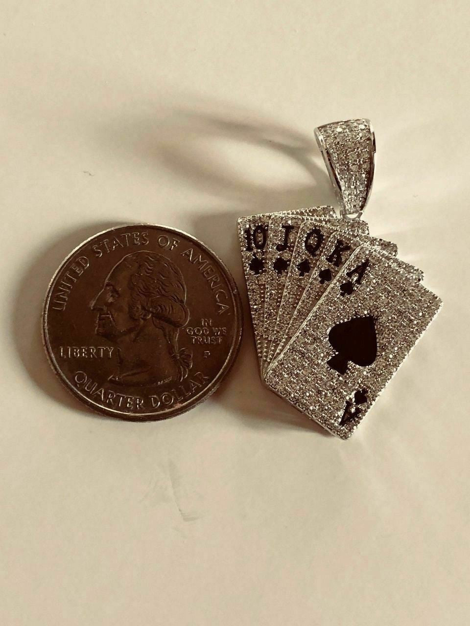 HarlemBling Solid 925 Sterling Silver Cards Deck Royal Flush Ace of Spades Diamond Pendant