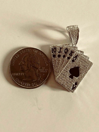 HarlemBling Solid 925 Sterling Silver Cards Deck Royal Flush Ace of Spades Diamond Pendant