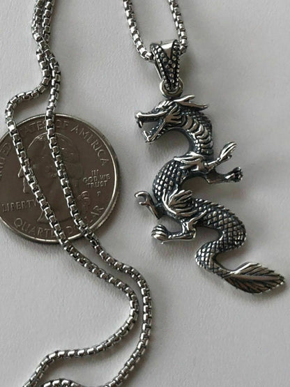 HarlemBling Solid 925 Sterling Silver Chinese Pagan Dragon Mens Pendant W 22 Chain