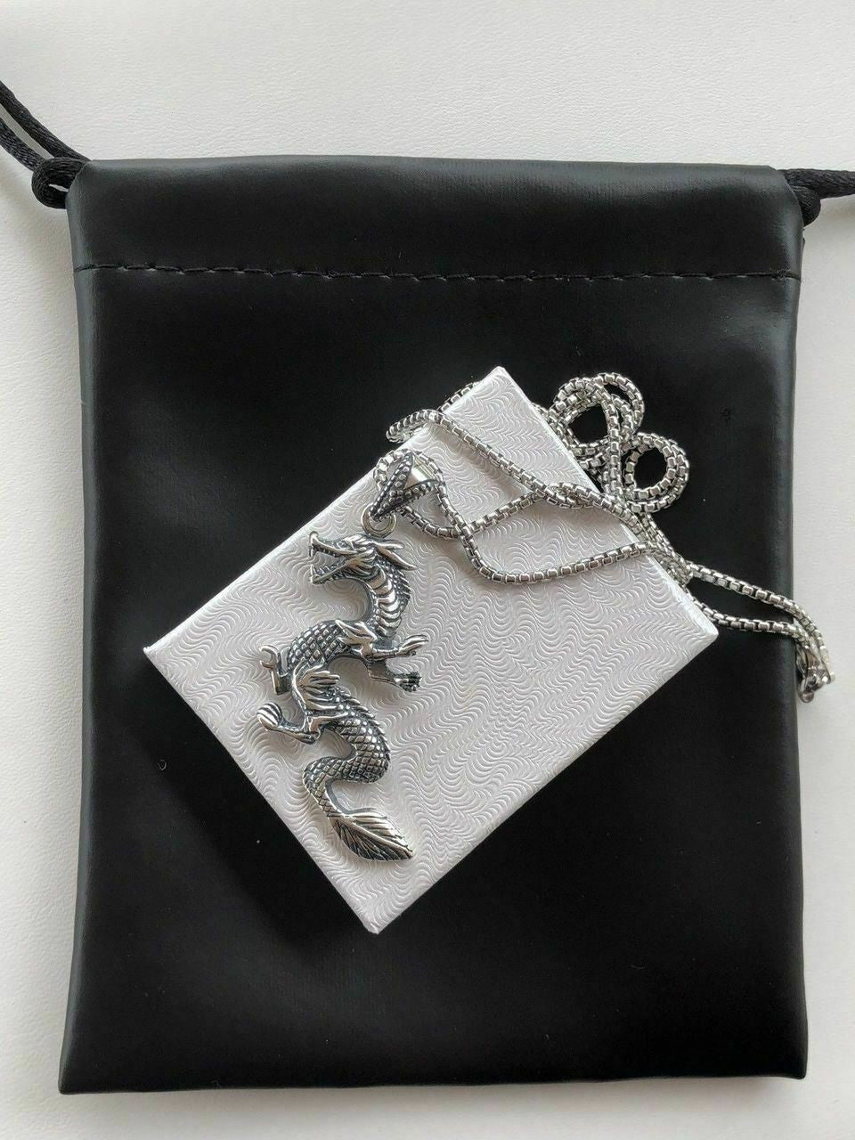 HarlemBling Solid 925 Sterling Silver Chinese Pagan Dragon Mens Pendant W 22 Chain