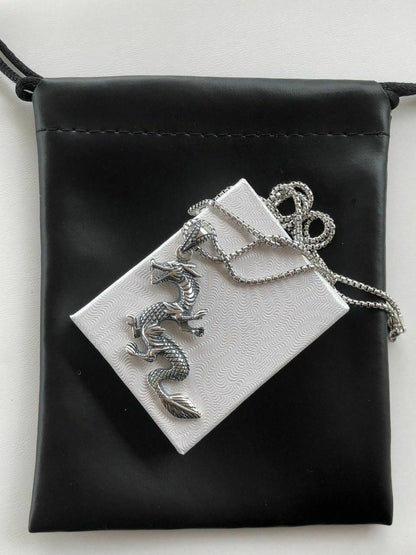HarlemBling Solid 925 Sterling Silver Chinese Pagan Dragon Mens Pendant W 22 Chain