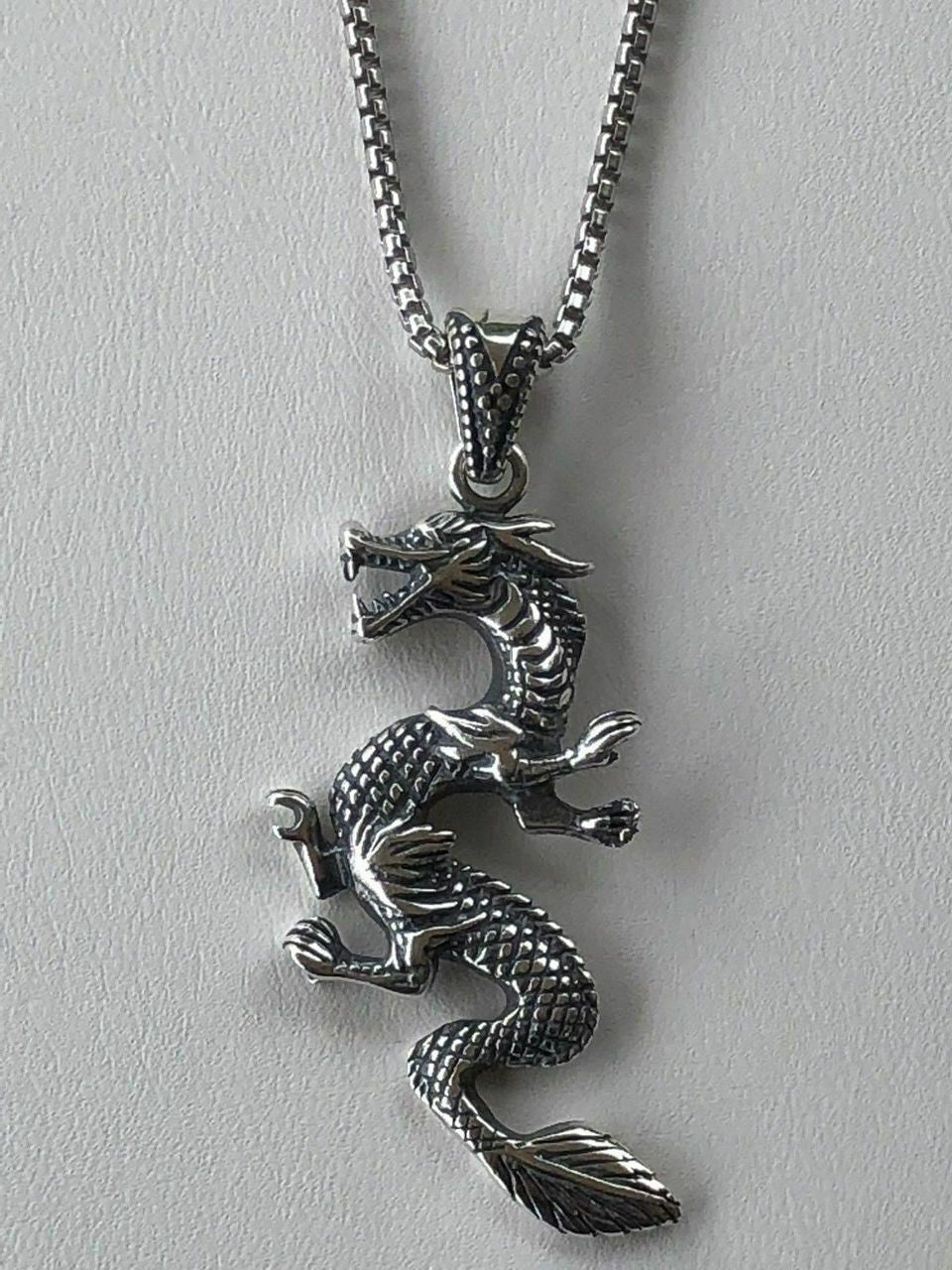 HarlemBling Solid 925 Sterling Silver Chinese Pagan Dragon Mens Pendant W 22 Chain