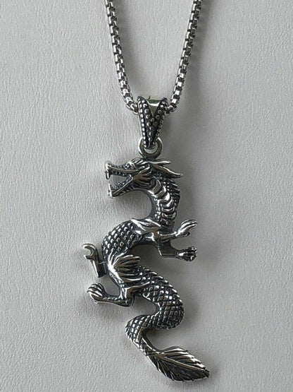 HarlemBling Solid 925 Sterling Silver Chinese Pagan Dragon Mens Pendant W 22 Chain