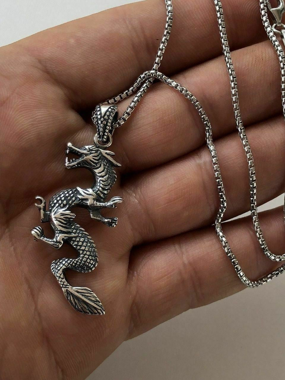 HarlemBling Solid 925 Sterling Silver Chinese Pagan Dragon Mens Pendant W 22 Chain