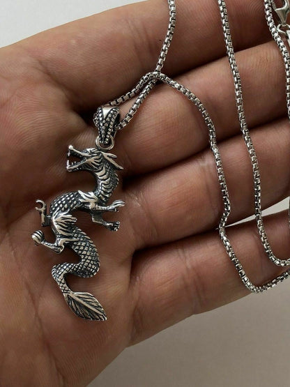 HarlemBling Solid 925 Sterling Silver Chinese Pagan Dragon Mens Pendant W 22 Chain
