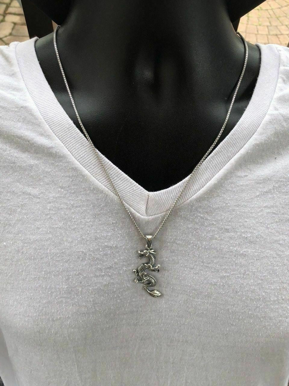 HarlemBling Solid 925 Sterling Silver Chinese Pagan Dragon Mens Pendant W 22 Chain