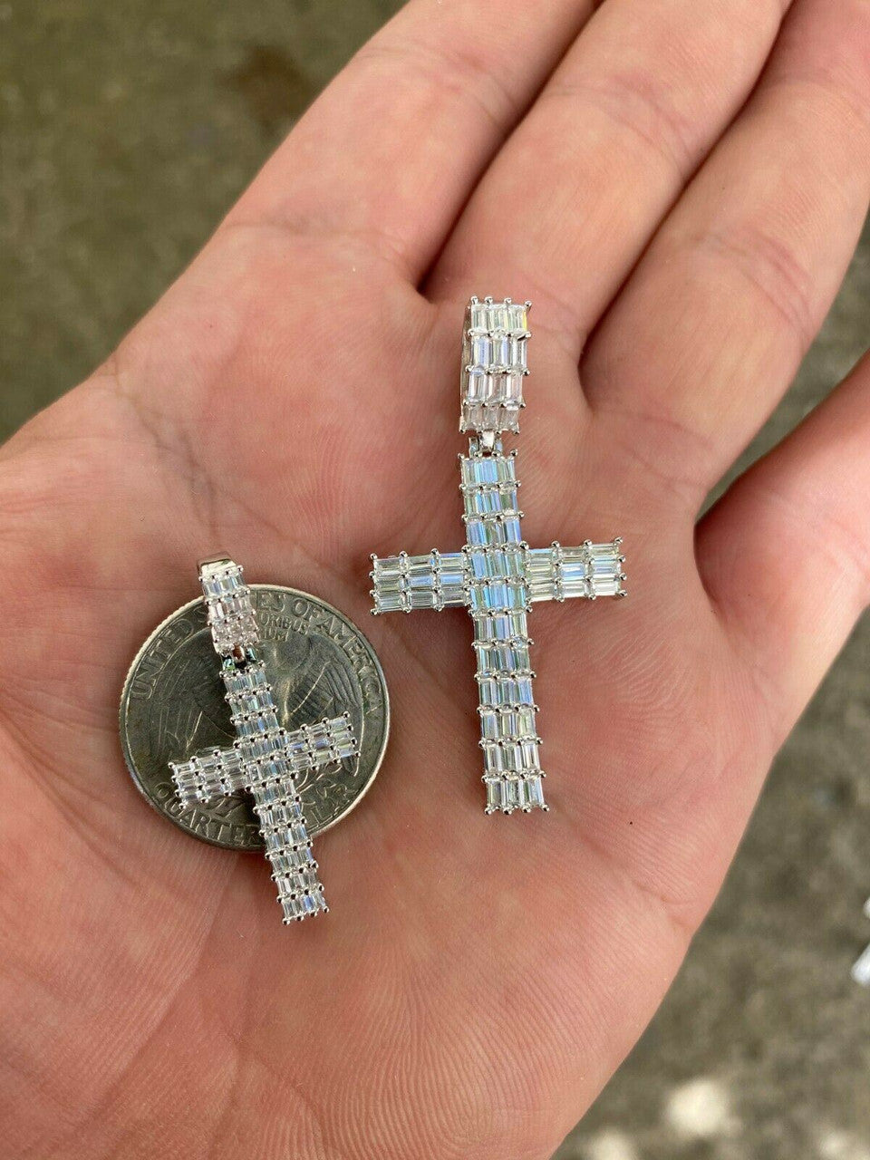 HarlemBling Solid 925 Sterling Silver Cross Pendant Baguette Iced Diamond Necklace Hip-Hop