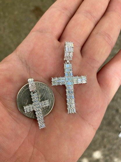 HarlemBling Solid 925 Sterling Silver Cross Pendant Baguette Iced Diamond Necklace Hip-Hop