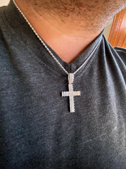 HarlemBling Solid 925 Sterling Silver Cross Pendant Baguette Iced Diamond Necklace Hip-Hop