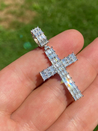 HarlemBling Solid 925 Sterling Silver Cross Pendant Baguette Iced Diamond Necklace Hip-Hop