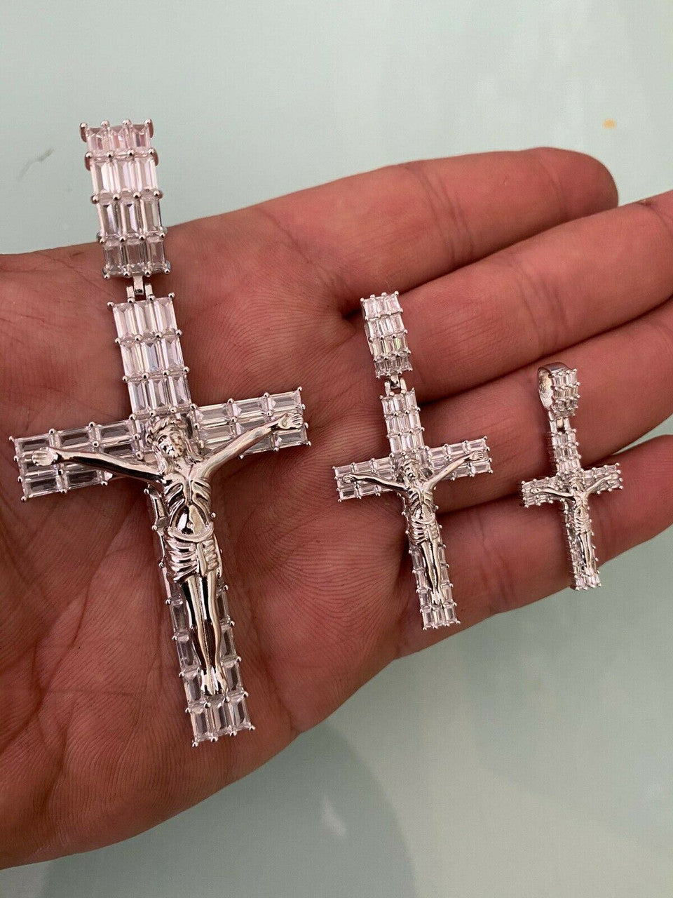 HarlemBling Solid 925 Sterling Silver Cross W Jesus Pendant Baguette Iced Diamond Necklace