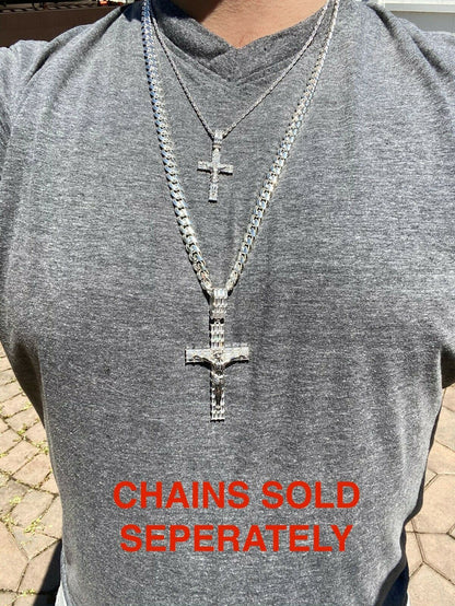 HarlemBling Solid 925 Sterling Silver Cross W Jesus Pendant Baguette Iced Diamond Necklace