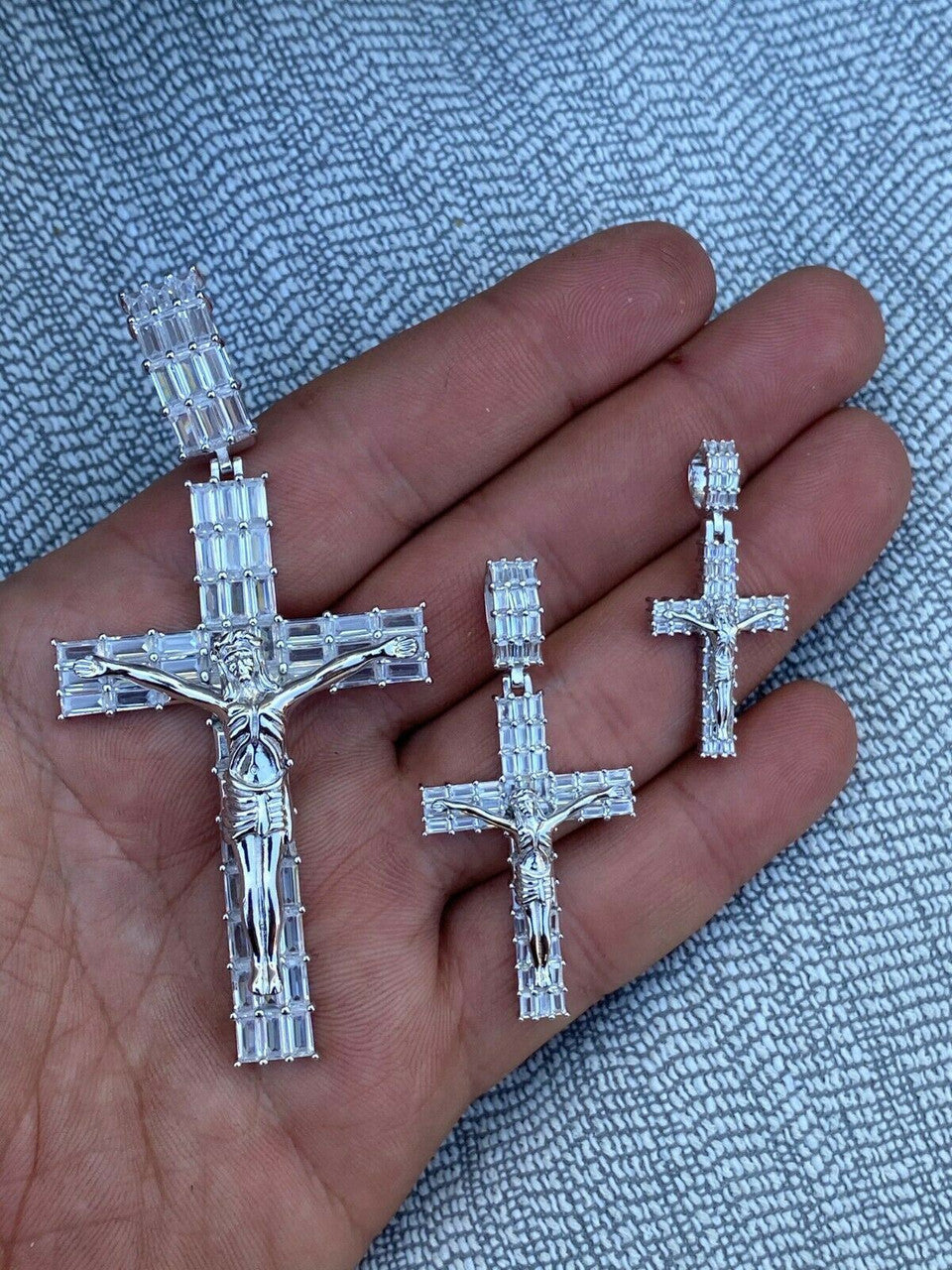 HarlemBling Solid 925 Sterling Silver Cross W Jesus Pendant Baguette Iced Diamond Necklace
