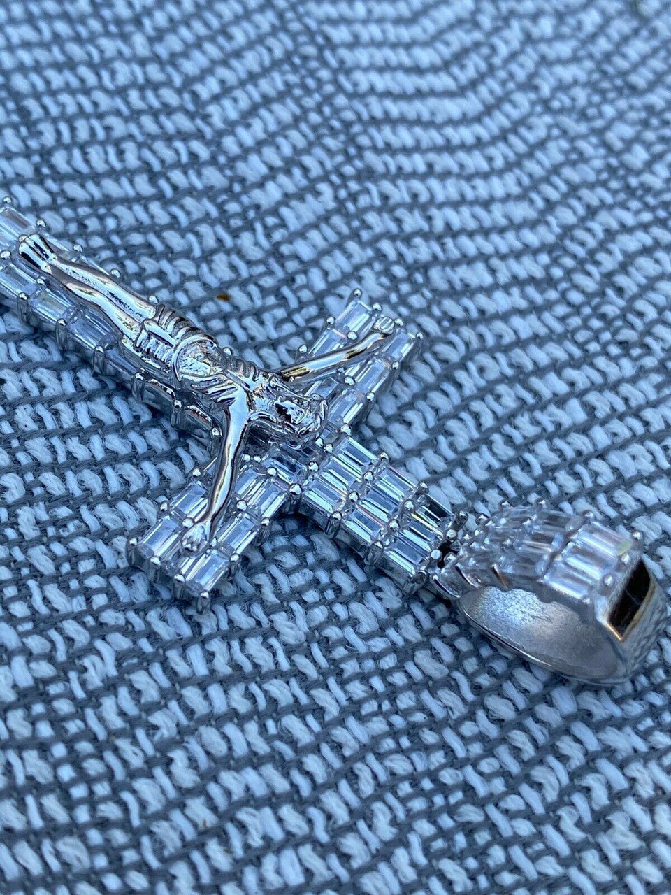 HarlemBling Solid 925 Sterling Silver Cross W Jesus Pendant Baguette Iced Diamond Necklace