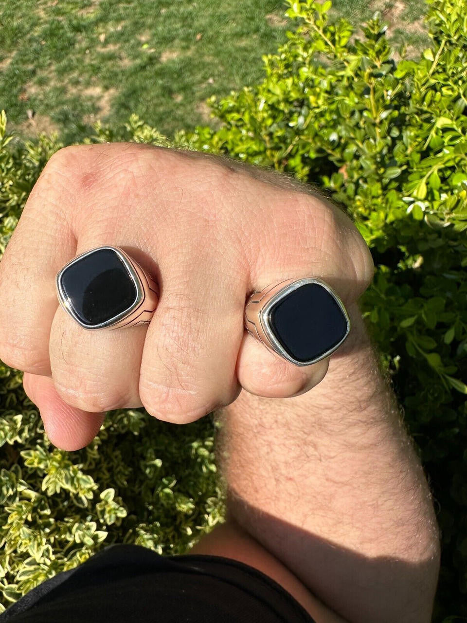 HarlemBling Solid 925 Sterling Silver Diamond Shape Black Onyx Mens Signet Ring Sizes 7-13