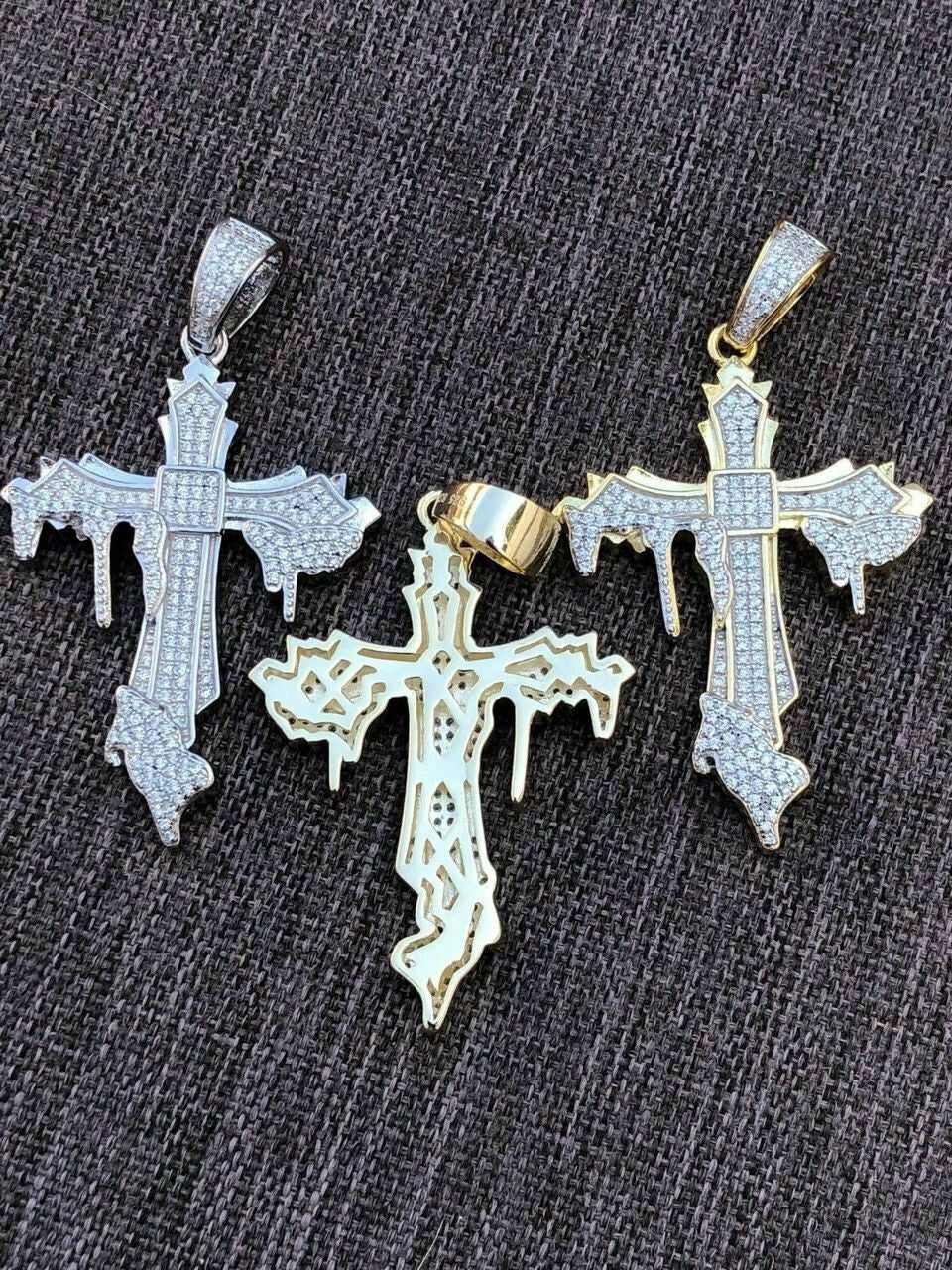 HarlemBling Solid 925 Sterling Silver Dripping Cross Mens Iced Pendant Necklace Flooded Out