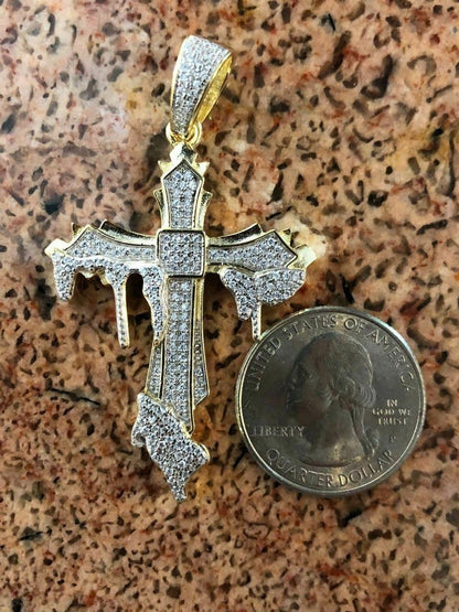 HarlemBling Solid 925 Sterling Silver Dripping Cross Mens Iced Pendant Necklace Flooded Out