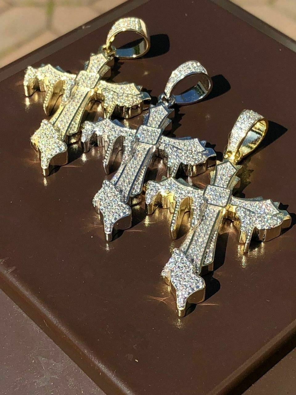 HarlemBling Solid 925 Sterling Silver Dripping Cross Mens Iced Pendant Necklace Flooded Out