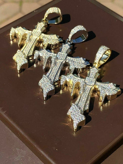 HarlemBling Solid 925 Sterling Silver Dripping Cross Mens Iced Pendant Necklace Flooded Out