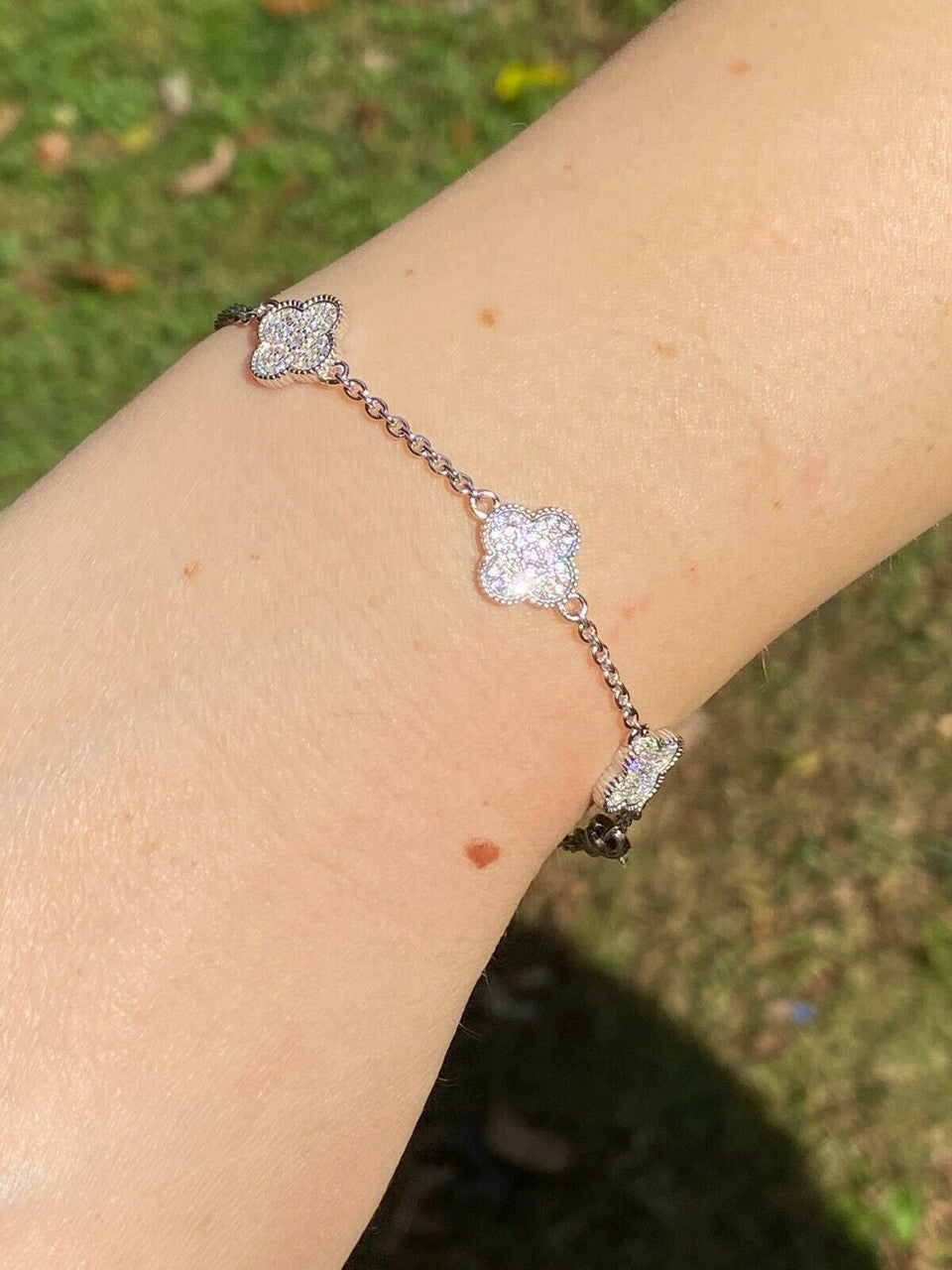 HarlemBling Solid 925 Sterling Silver Four Leaf Clover 6 Motif Bracelet Iced Diamond Ladies