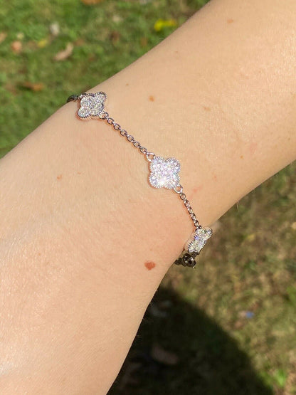 HarlemBling Solid 925 Sterling Silver Four Leaf Clover 6 Motif Bracelet Iced Diamond Ladies