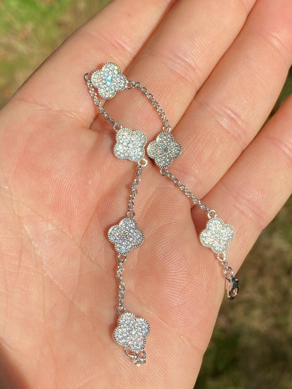 HarlemBling Solid 925 Sterling Silver Four Leaf Clover 6 Motif Bracelet Iced Diamond Ladies