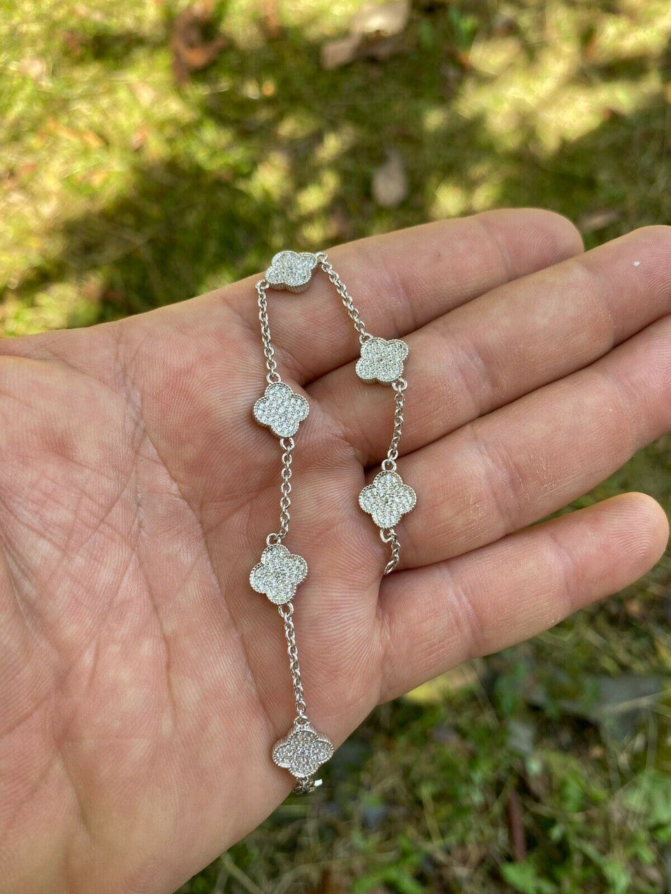 HarlemBling Solid 925 Sterling Silver Four Leaf Clover 6 Motif Bracelet Iced Diamond Ladies