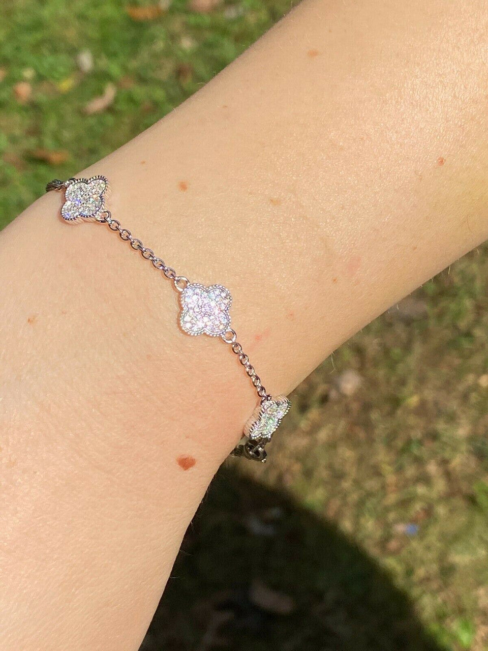 HarlemBling Solid 925 Sterling Silver Four Leaf Clover 6 Motif Bracelet Iced Diamond Ladies