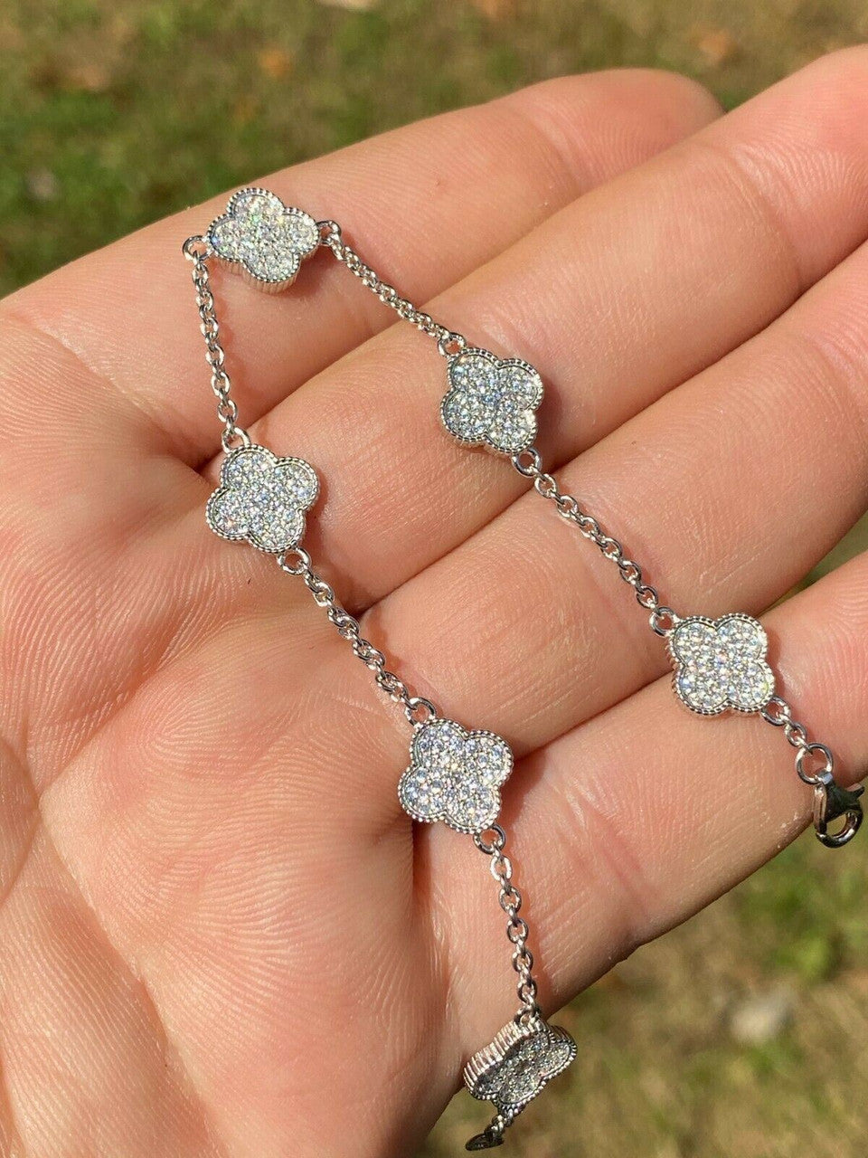 HarlemBling Solid 925 Sterling Silver Four Leaf Clover 6 Motif Bracelet Iced Diamond Ladies