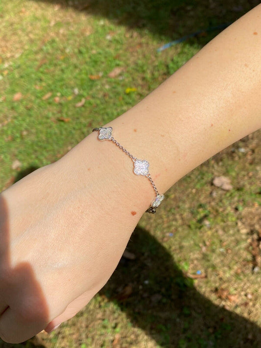 HarlemBling Solid 925 Sterling Silver Four Leaf Clover 6 Motif Bracelet Iced Diamond Ladies