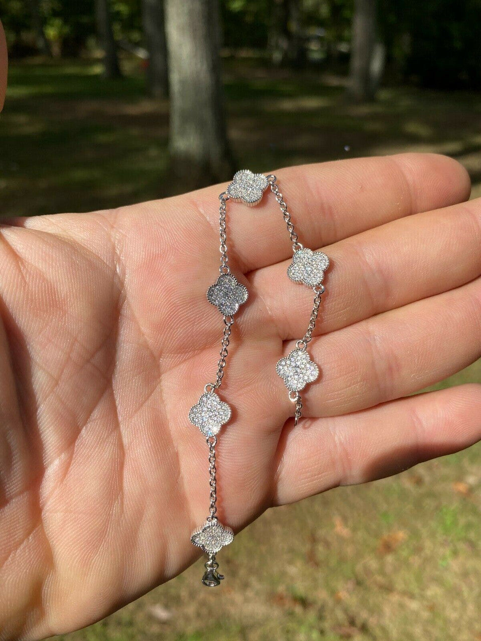 HarlemBling Solid 925 Sterling Silver Four Leaf Clover 6 Motif Bracelet Iced Diamond Ladies