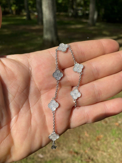 HarlemBling Solid 925 Sterling Silver Four Leaf Clover 6 Motif Bracelet Iced Diamond Ladies