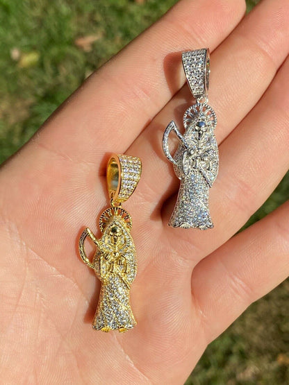 HarlemBling Solid 925 Sterling Silver Gold Santa Muerte Grim Reaper Death Pendant Necklace