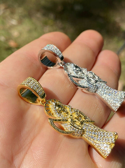 HarlemBling Solid 925 Sterling Silver Gold Santa Muerte Grim Reaper Death Pendant Necklace