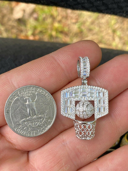 HarlemBling Solid 925 Sterling Silver Hip Hop Basketball Pendant Necklace Baguette Diamond