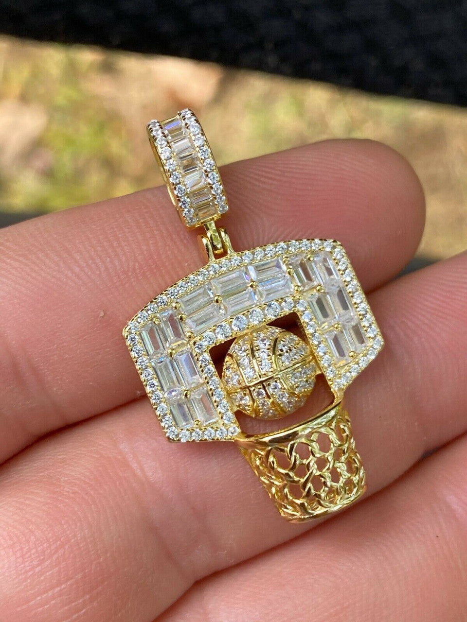 HarlemBling Solid 925 Sterling Silver Hip Hop Basketball Pendant Necklace Baguette Diamond