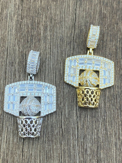 HarlemBling Solid 925 Sterling Silver Hip Hop Basketball Pendant Necklace Baguette Diamond