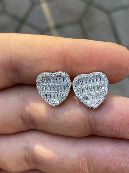 HarlemBling Solid 925 Sterling Silver Iced Heart Stud Earrings Mens Ladies Baguette Diamond