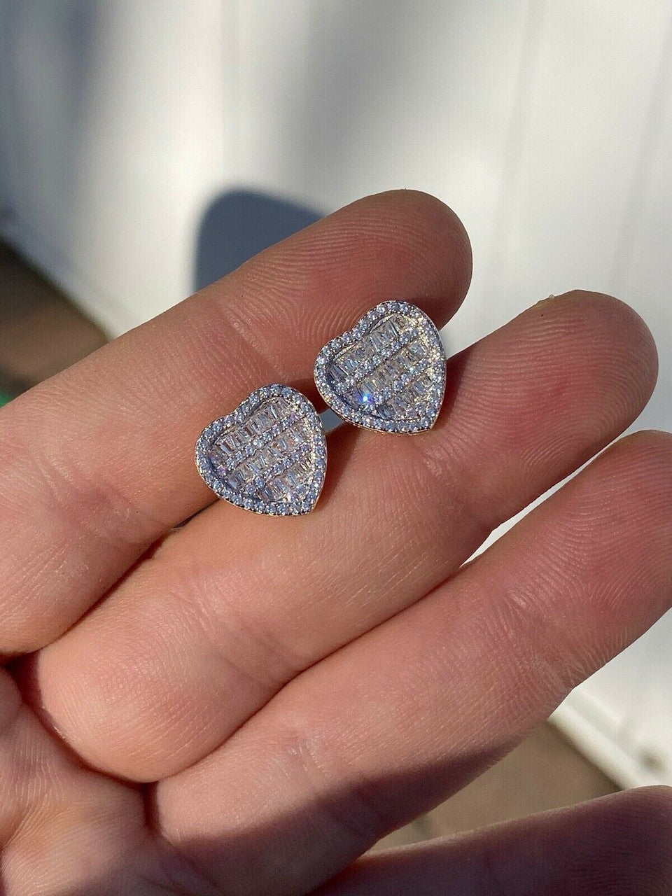 HarlemBling Solid 925 Sterling Silver Iced Heart Stud Earrings Mens Ladies Baguette Diamond