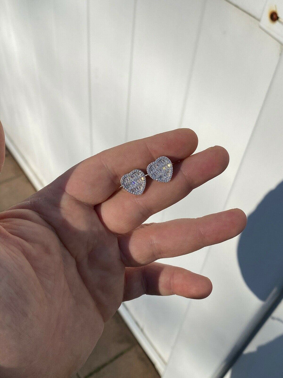 HarlemBling Solid 925 Sterling Silver Iced Heart Stud Earrings Mens Ladies Baguette Diamond